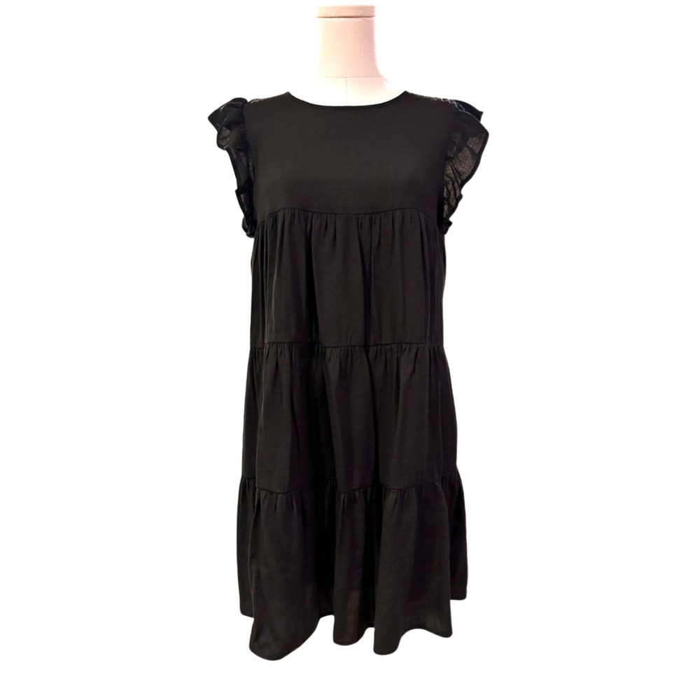 After Market Black Tiered Ruffle Sleeve Mini Dress Keyhole Back Medium Boho